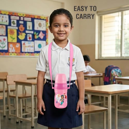 Image of MILTON Disney Kool Cheer 400 Plastic Insulated Thermo Water Bottle with Straw for School Kids I Food Grade, Leak Proof Lid with Hands Free Sipper, Easy to Carry Loop, Picnic, BPA Free, 390 ml, Pink