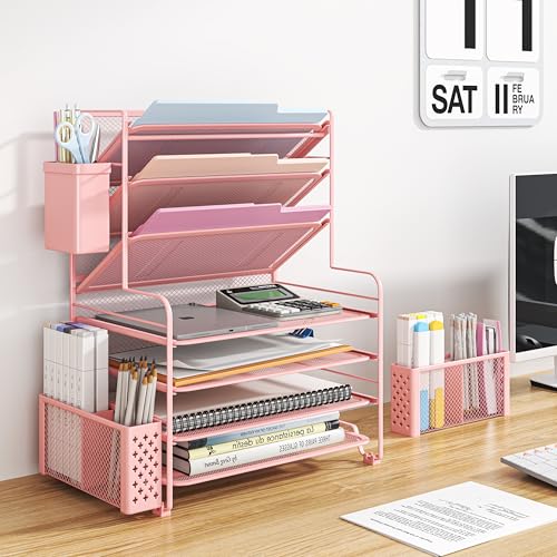 Simple Trending 7 Tier Desk File Organizer, Letter Tray Paper Organizer with Pen Holder and Metal Hanging Basket, Pink - Image 3