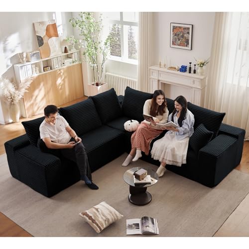 Image of Sectional Cloud Couch for Living Room, Modern Modular Floor Deep-Seat Sofa, Upholstered L Shaped Sofas, Big Comfy Corduroy Couches Set for Living Room Bedroom, No Assembly Required, Black