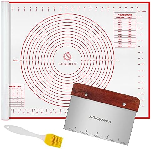 SiliQueen Silicone Pastry Baking Mat with Measurements Extra a Brush and a Dough Scraper- 27.5” x 20” Heat Resistant, BPA Free, Non-Stick Non-Slip Pastry Mat for Rolling Dough, Easy to Clean, Red