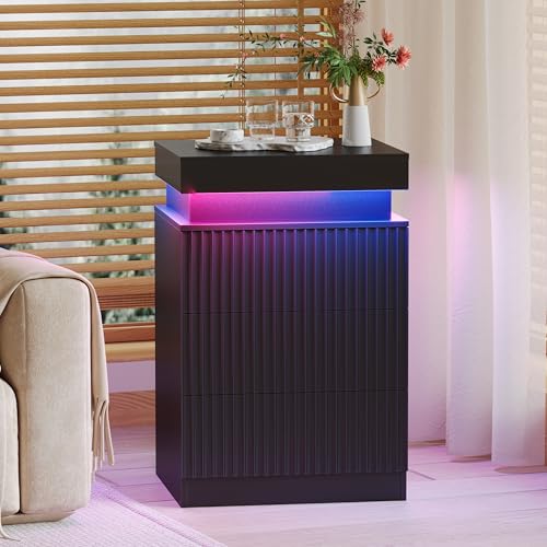 Image of Fluted Nightstand with Charging Station & RGB LED Lights, Black