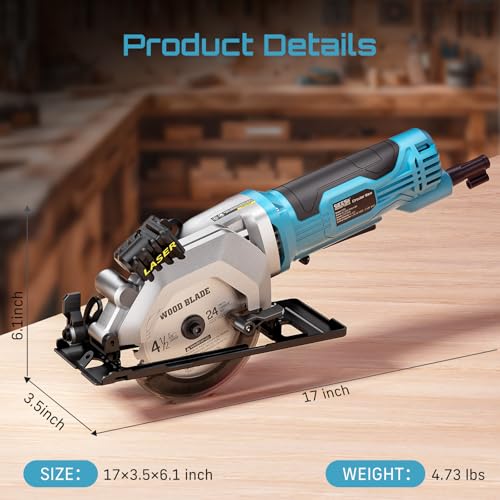 Image of Seesii - Mini Circular Saw with Laser Guide, Compact 4.8A 4000RPM Corded Circular Saw with Tear Guide, 3 Blades (4-1 /2 inch) for Wood, Soft Metal, Tile, Cutting