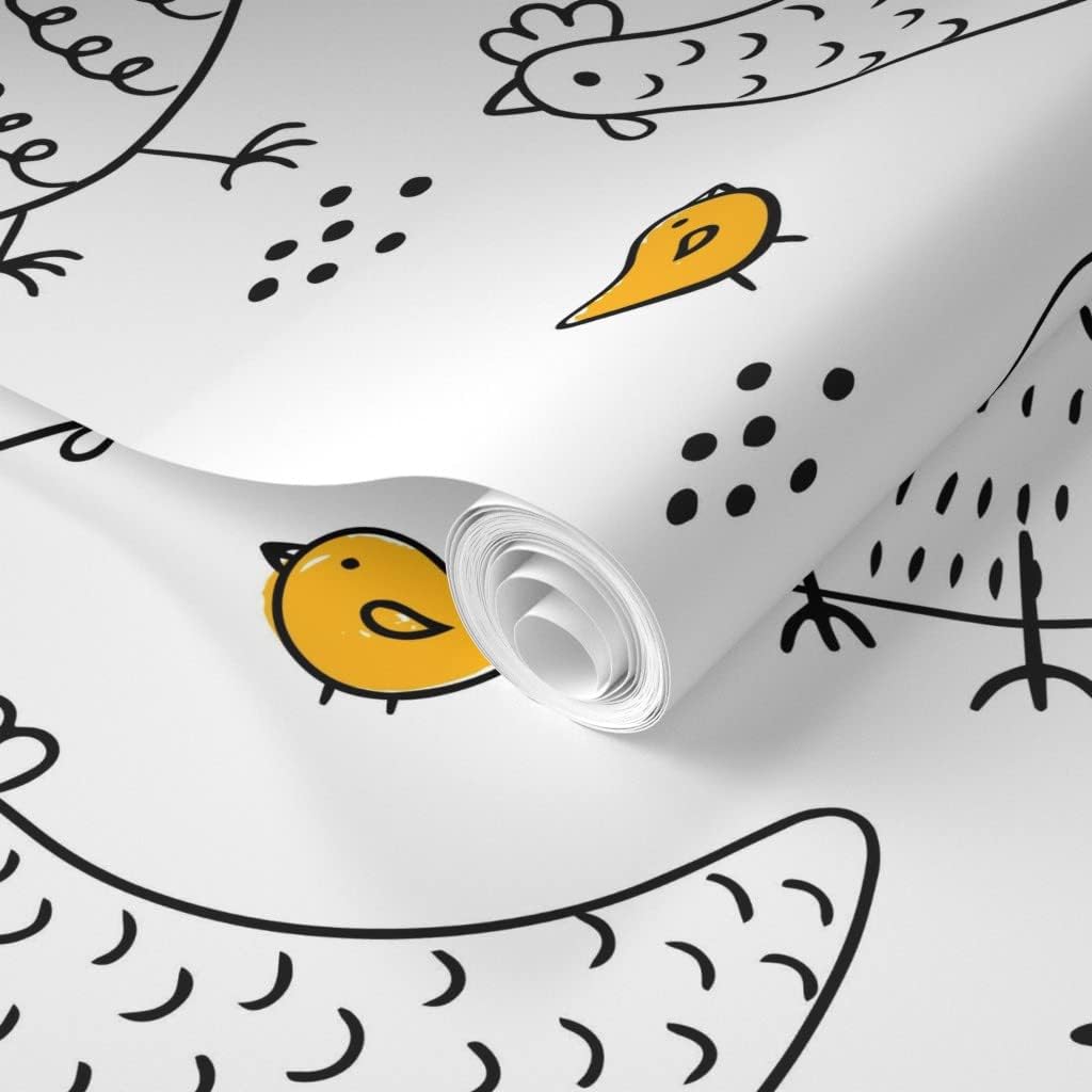Spoonflower Removable Wallpaper 3ft x 2ft - Chickens Minimalist Bird Black White Farm Coop Nature Custom Pre-Pasted Wallpaper