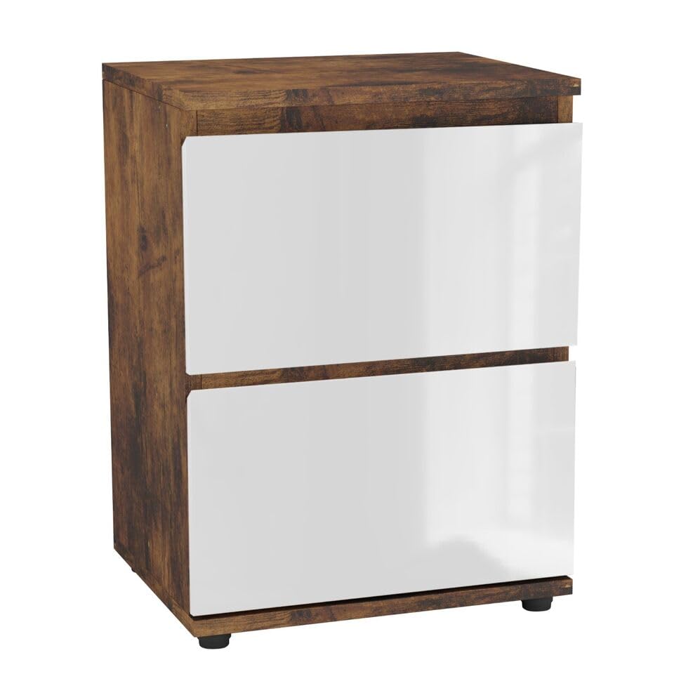 URBNLIVING 49cm High Gloss Bedside Table 2 Drawers Bedroom Storage Cabinet with Smooth Metal Runner Modern Dresser Bedside Chest of Drawers for Bedroom Living Room Office (Rustic Brown & White)