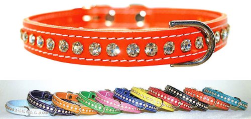 Image of Signature Leather Crystal Dog Collar, Emerald Solid Grain Leather, Fits 9.5 inch-11.5 inch Neck Size, 14 inch Overall Length