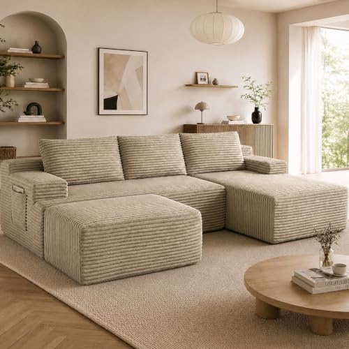 Image of Boneless Couch, Modular Sectional Couches for Living Room, U-Shaped Cloud Couch Sofa with Deep Seat, Fluffy Corduroy Upholstered Corner Sofa