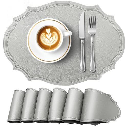 fanquare Faux Leather Placemats Set of 6,Oval Heat-Resistant Wipeable Surface Tablemats, Non-Slip Grip, Waterproof Table Décor for Dining, Grey