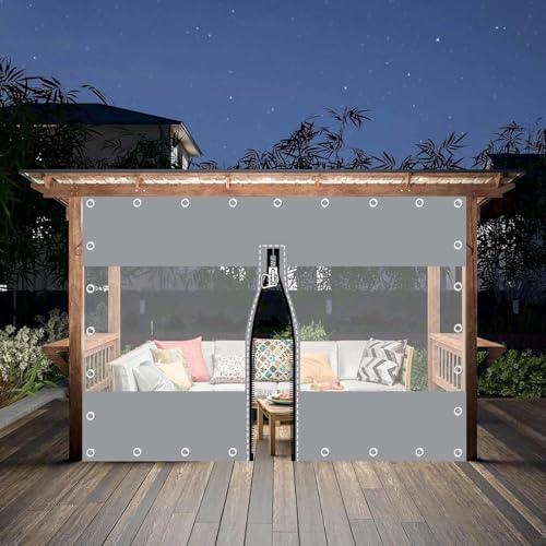 防水透明ターポリンサイドパネル、重厚防水プラスチックレインカーテン、屋外用透明ターポリンカーテン(ガゼボ・ポーチ・カーポート用)、アイレット付き,1ZipperGrey-5.6x2.3m