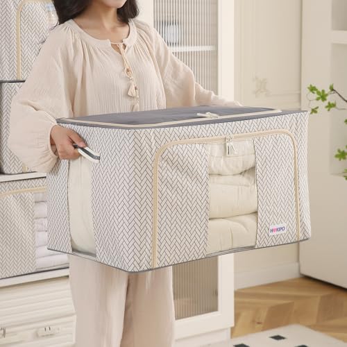 Image of HOKIPO Almirah Organizer Living Boxes | Cloth Storage Box with Top & Front Zipper | Moisture & Moth Resistant | Strong Metal Frame (Oxford Fabric) |88L, Pack of 1 Cream Mist (AR-5930-OWHT)