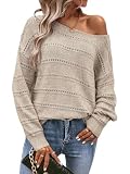 SHENHE Women's Pointelle Knit Loose Fit Boat Neck Drop Shoulder Sweater Jumper Top Apricot Large