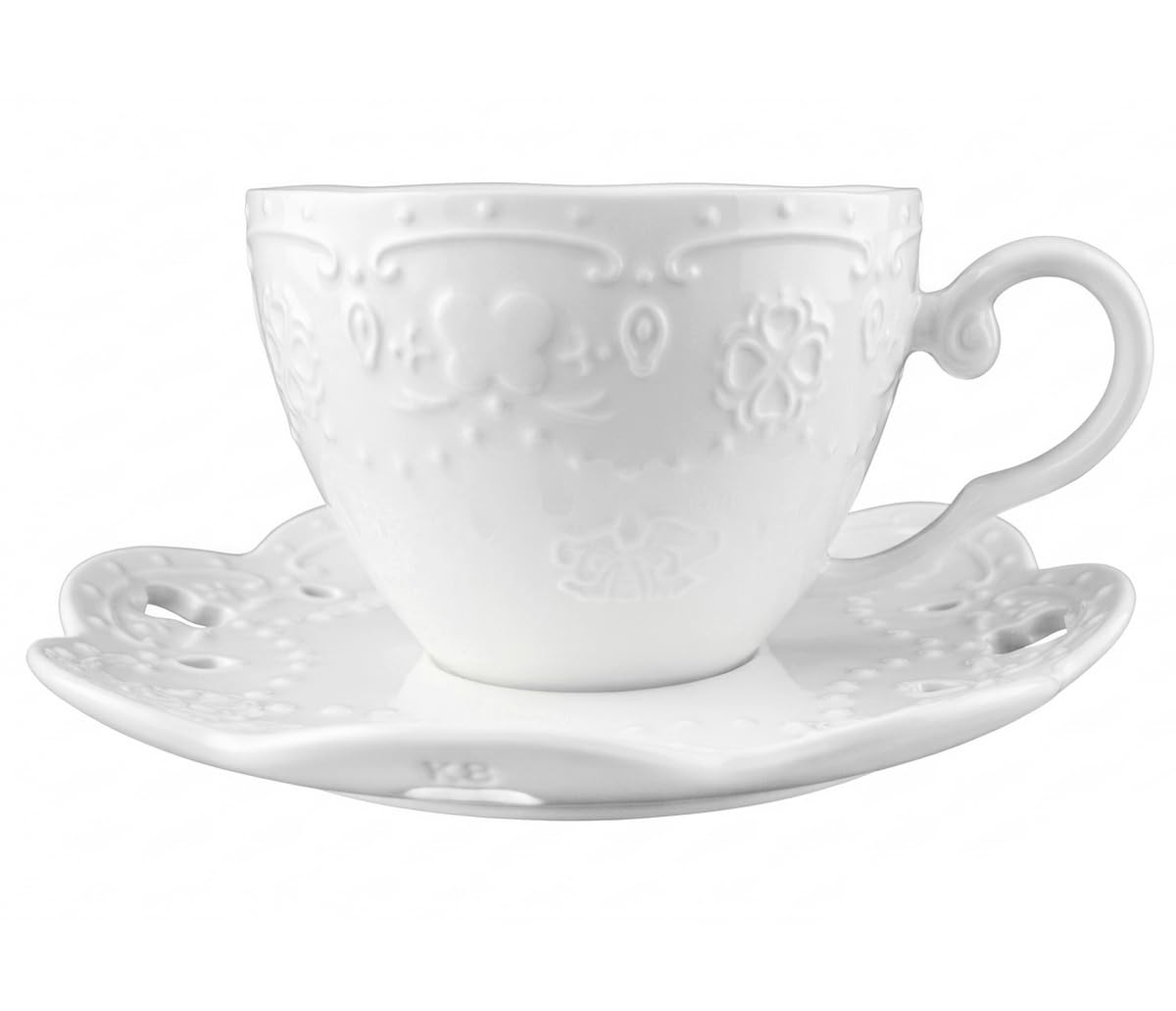 Embossed Floral Cappuccino Cup Set 200ml, European Style White Ceramic Coffee Cup and Saucer Set,Cut Out Saucer,Vintage Tea Cup for Latte,Flat White, Espresso, Americano,Afternoon Tea Cup Saucer