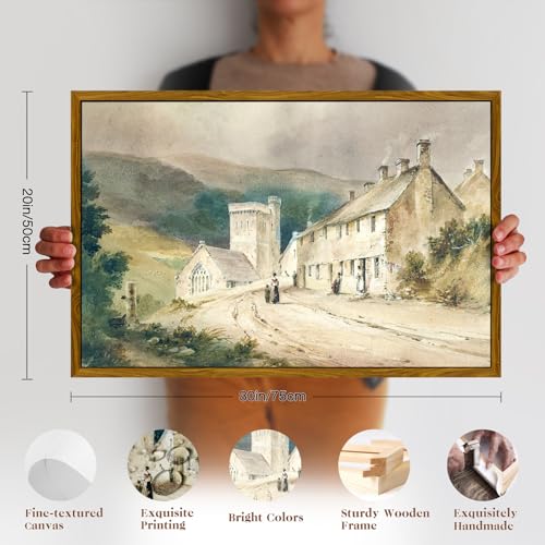 crmotu Vintage Framed Wall Art, Country Landscape Canvas Prints, Retro Old Architecture Aesthetic Pictures, Scenery Wall Paintings for Living Room Bedroom Bathroom, Rustic Farmhouse Decor 20x30in