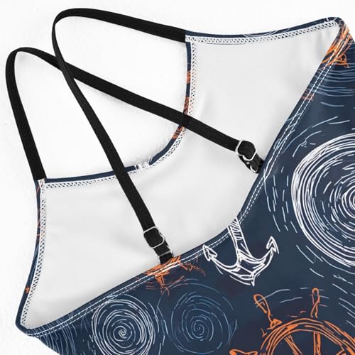 Girls Swimsuit Hand Drawn Anchor Rudder Pattern One Piece Swimwear4