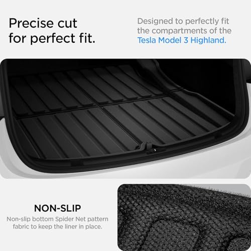Spigen Tesla Model 3 Highland 2024 Hintere Kofferaummatte, Stoßfestes XPE-Material zum Schutz der Innenfächer, Wasserdicht und Leicht zu Reinigen, Allwetter Kofferraumwanne für Tesla Zubehör - Carbon