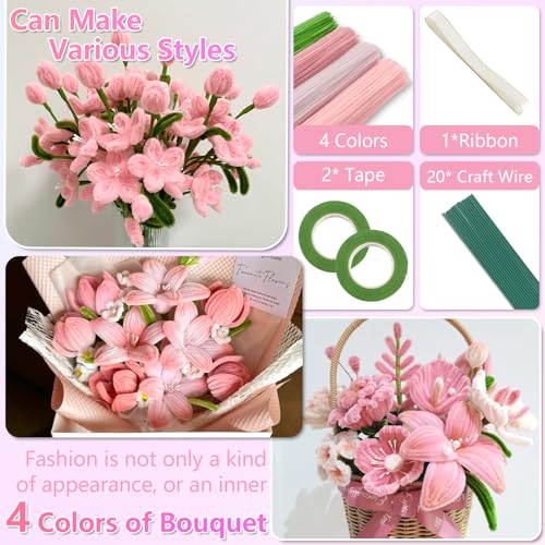 Image of 400 Pcs Pipe Cleaners Craft, 4 Assorted Colors Pipe Cleaners Bulk | Chenille Stems for DIY Flower Making Kit with Floral Wires, Gardening Tape,Stamen& Ribbon (Pink)