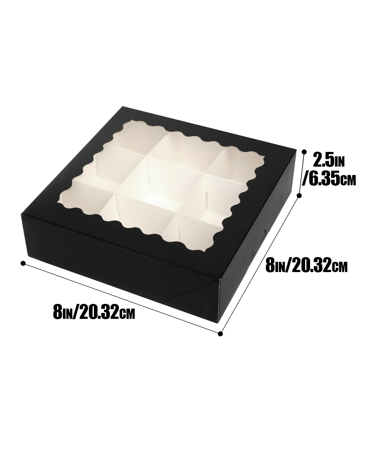 qiqee Caja de pastelería negra de 8 x 8 x 2.5 pulgadas con ventana, 12 cajas de panadería (desplegable automático)