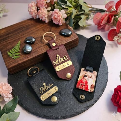 Image of Personalised Leather Keychain with Custom Name & Charm, Unisex, Modern Style, Customisable