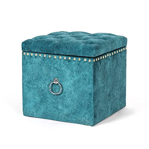 Joveco 17â€™â€™ Storage Ottoman Cube- Blue Tufted Ottoman with Storage- Foot Stools and Ottomans Small- Ottomans with Rivet for Chair Coffee Table Ottoman Footrest- Elegant Soft Microfiber