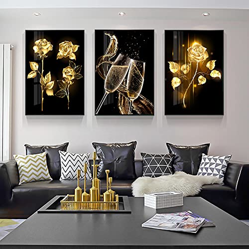 Peinture toile abstrait noir doré pour salon chic affiche fleur rose grand format KEBIA - 2