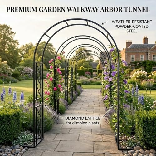 Heavy Duty Garden Arbor, 270cm Steel Archway do roślin wspinaczkowych, rama z róży malowanej proszkowo z podstawą, Wytrzymała zewnętrzna metalowa pergola podpora dla wystroju ogrodów tarasowych