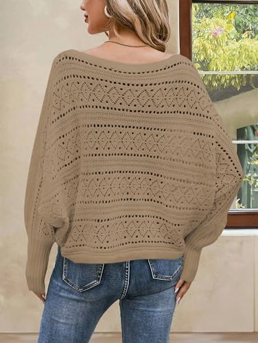 Image of Cakulo Womens Off Shoulder Crochet Sweater Top 2025 Fall Fashion Batwing Long Sleeve Sweaters Outfits Khaki XL