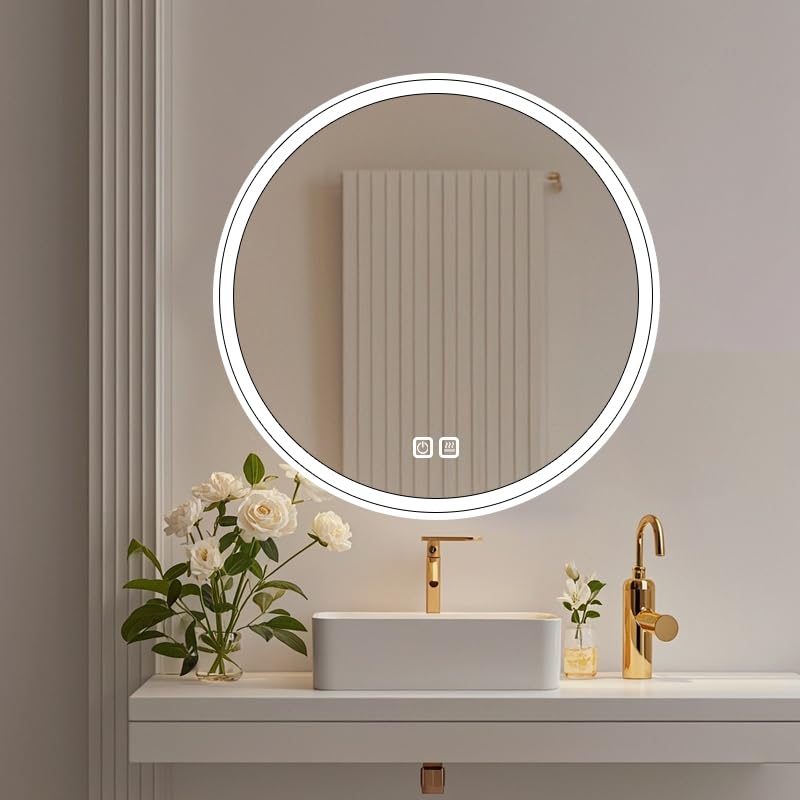 HIGHBATH Round LED Bathroom Mirror, 70cm, Smart Touch Control, White Frame, Dimmable with 3 Color Temperatures, Anti-Fog, Waterproof, Tempered Glass โ image 1