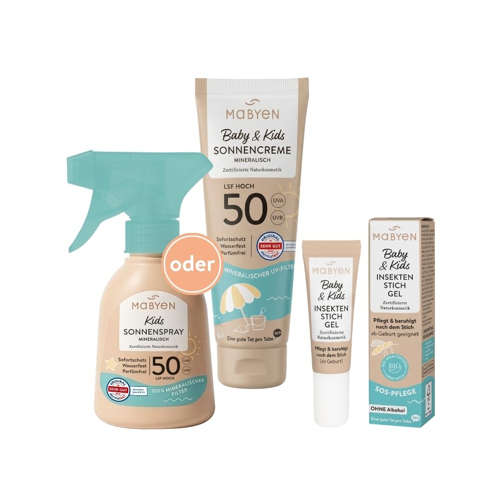 MABYEN Baby & Kids Sommerhelden Set – Mineralische Sonnencreme LSF 50 & Insektenstich-Gel, parfüm- & alkoholfrei, für empfindliche Haut ab Geburt, Recycling-Tuben