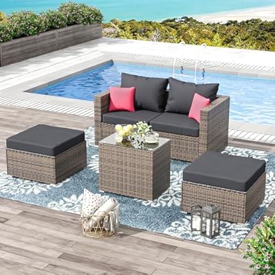 CHINNLUU Patio Furniture Set 5 Pieces Outdoor Conversation Set All-Weather Wicker Rattan Sectional Sofa with Ottoman Cushions Pillows for Lawn Pool Garden Backyard