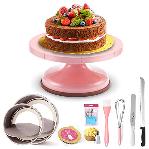 Cake Decorating Kit Cake Turntable 6” 8” Round Cake Pans with Removable Bottom Piping Bags Icing Spatula Bread Knife Baking Tools for Kids Beginner Adults Baking Sets