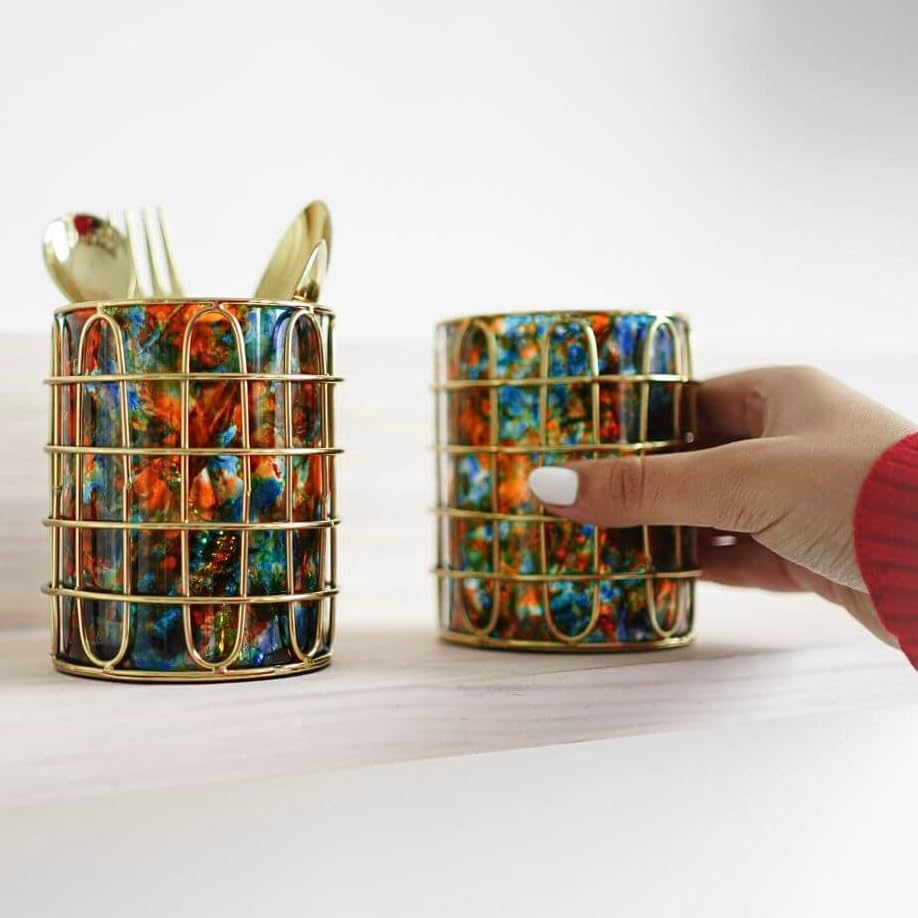 SciencePurchase Set of 2 Elegant Stainless Steel and Glass Cutlery Holders for Silverware, 3.1-inch Wide x 4-inch Tall (Gold with Turquoise/Orange Glass)