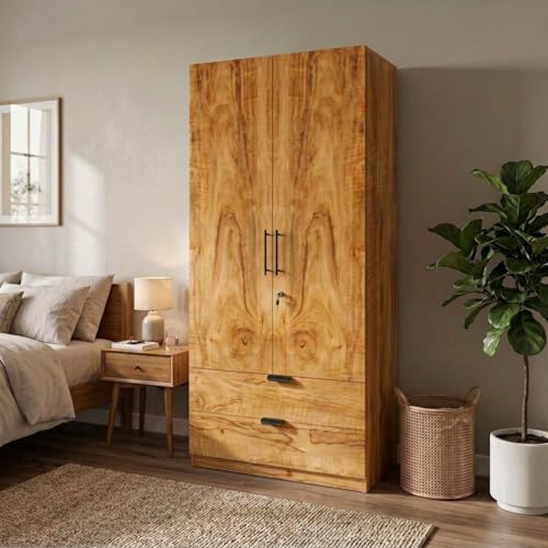 Image of FFO Keris 2 Door Wooden Wardrobe with 2 Drawers, Hanging Rod & Storage Shelves | Modern Clothes Almirah Cabinet with Lock & Black Handles for Home Coach Wood DIY.