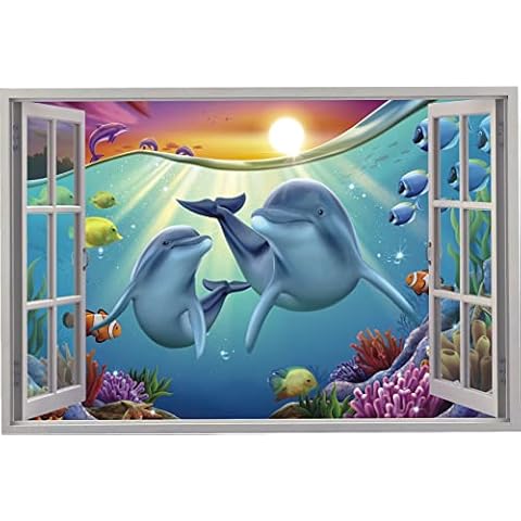 ANHUIB 3D Dolphin Wall Stickers,3D Fake Window Stickers,Ocean Fish Wall Sticker for Bathroom,Sea Animals Wall Decals,Tropical Fish Wall Art Sticker for Bedroom Living Room Kids Nursery Decor 60×40CM Cover