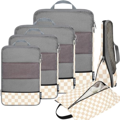Image of BAGAIL 4 Set /6 Set /8 Set Compression Packing Cubes Travel Accessories Expandable Packing Organizers (Half Mesh, 6-Khaki Checkered)