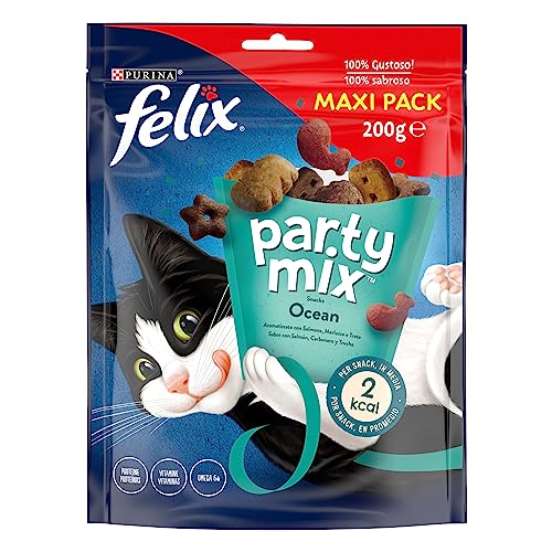 Purina Felix Party Mix Ocean, Snack, Premio para Gato con Salmón, Carbonero y Trucha, Maxi Pack 5 Bolsas de 200g