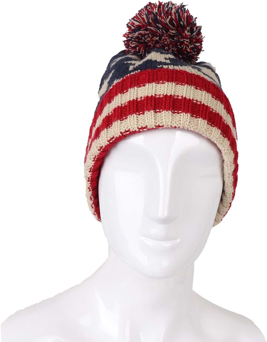 Parquet American Flag Knit Pom Beanie Ski Hat with Stars - Image 4