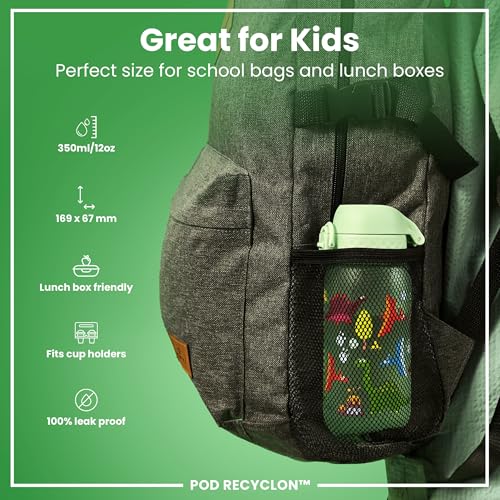 Ion8 Kids Water Bottle, 350 ml/12 oz, Leak Proof, Easy to Open, Secure Lock, Dishwasher Safe, BPA Free, Carry Handle, Hygienic Flip Cover, Easy Clean, Odour Free, Carbon Neutral, Green, Dinosaurs - 2