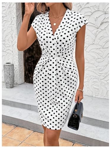 MakeMeChic Women's Midi Dress Wedding Guest Polka Dots V Neck Wrap Cap Sleeve Floral Bodycon Dresses3