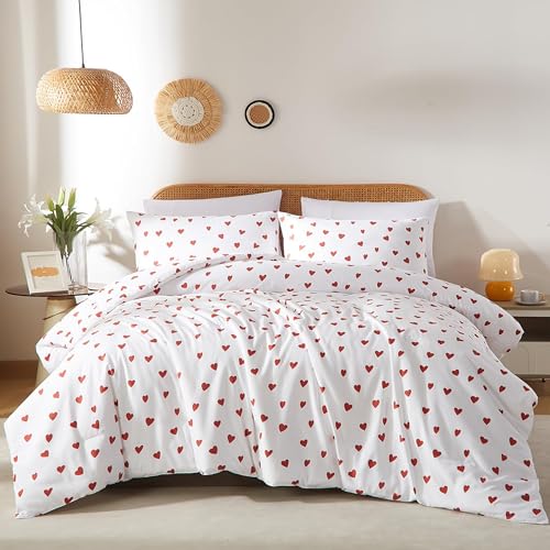 Image of BOLINLIVING Cute Duvet Cover King Size, White 3 Pieces Duvet Cover with Red Heart-Shaped Print,Soft Breathable Microfiber Bedding Set for All Season with Zipper Closure and Corner Ties