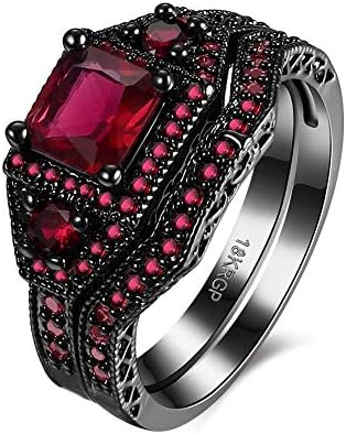 Black Gold Plated Womens Wedding Ring Sets Bridal Sets Princess cut Red Cz Engagement Ring Wedding Band