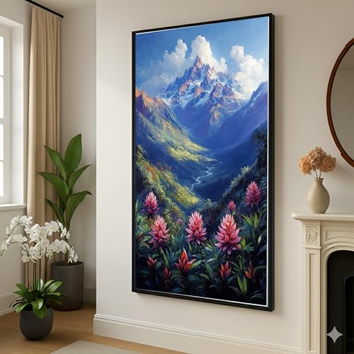 Toile paysage montagne enneigée et fleurs décor mural 80x140cm