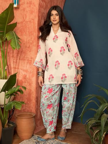 Image of EthnicJunction Women's Linen Floral Print Summer Wear Straight Short Kurti with Afghani Pant Set | Co Ord Set for Women Stylish | Fusion wear Women
