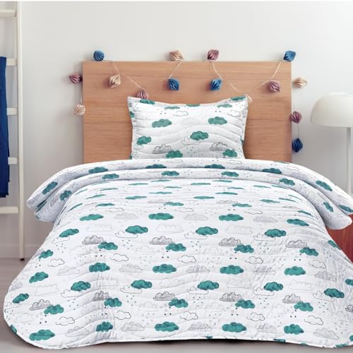 Sibiles - Colcha Bouti Infantil 100% Algodón Turco Ranforce Cama 90 y 105 Nubes Agua (180x240 cm)