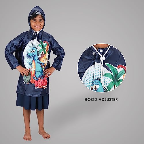 Image of THE CLOWNFISH Toon Caper Series Kid's Waterproof PvcLong Length Coat With Adjustable Hood & Extra Space For Backpack /Schoolbag Holding. Printed Plastic Pouch.