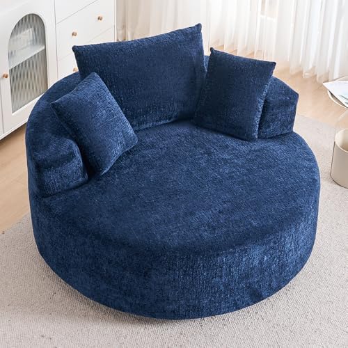 Swivel Accent Barrel Chair Oversized Modern Akili Upholstered Sofa Lounge Club Leisure Chair Round Chair for Hotel Living Room (Navy Chenille)