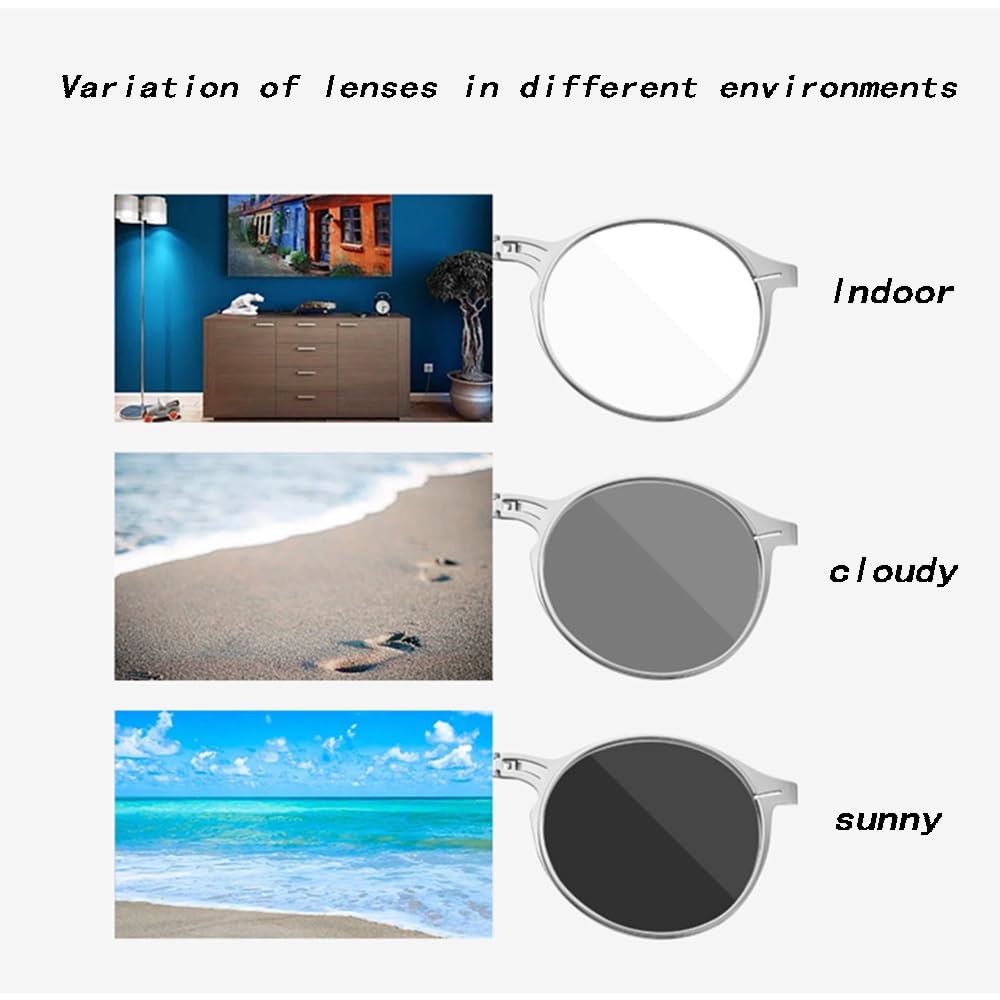 SFIVE Lunettes De Lecture Photochromique Pliables Lunettes De Soleil pour Hommes Femmes Portables Lunettes pour Lire Ronde 1.0-3.0 (Color : Silver, Size : +3.0)