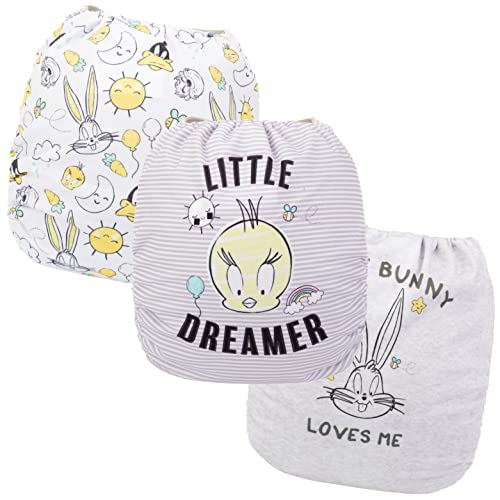 Image of Simple Being Reusable Baby Cloth Diapers Adjustable Size, Double Gusset, Waterproof Cover, 3 Pack with 3 Inserts Looney Tunes (Bugs Bunny Grey)