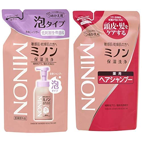 【セット買い】ミノン全身シャンプー泡タイプ 詰替 400mL & 第一三共ヘルスケア ミノン 薬用ヘアシャンプー 380mL(詰替用) 2個アソート