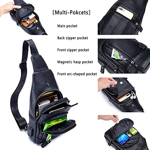 BULLCAPTAIN Leather Sling Bag Mens Chest Bag Casual Shoulder Crossbody Bags Travel Hiking Backpacks Daypack with USB Charging Port (Black)3