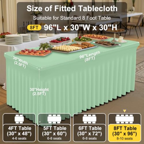 Image of Smiry Spandex Elastic Fitted Table Cloth Skirt for 8FT Rectangle Table | Stretch Washable Table Cloth, Banquet Table Cover for Wedding, Party, Indoor & Trade Shows, (Light Green, 96Lx30Wx30H)