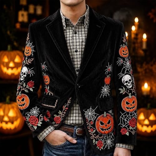 Mens Halloween Corduroy Blazer Pumpkin Spider Skull Printed Sleeves Jacket - image 3